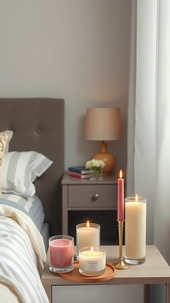 A cozy bedroom with an arrangement of scented candles on a bedside table, featuring various colors and heights.
