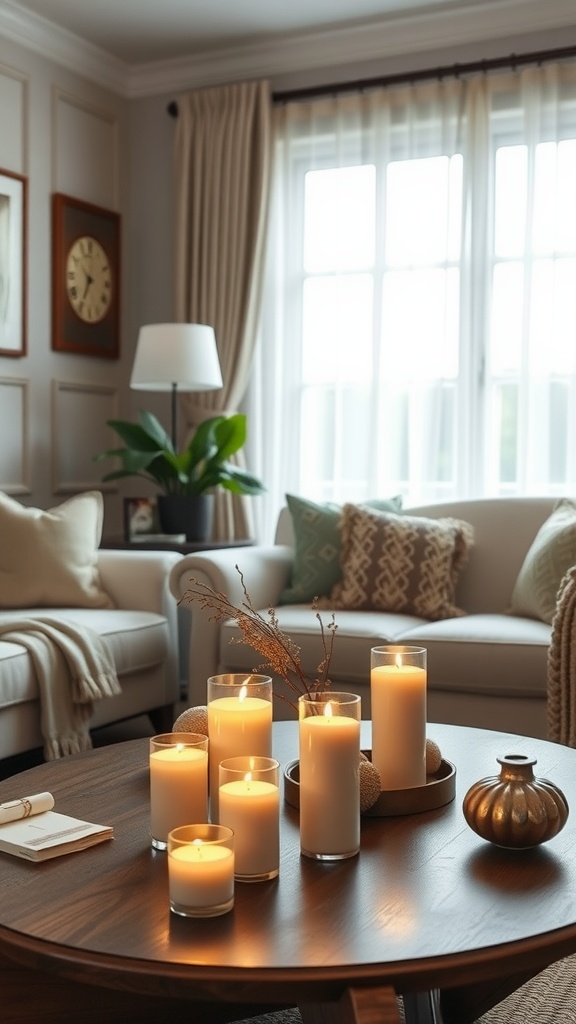A cozy living room with various scented candles on a wooden coffee table, soft seating, and natural light coming through the windows.