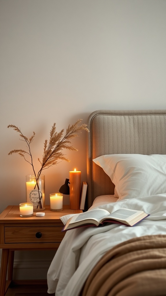 A cozy bedroom with a nightstand holding scented candles and an open book.