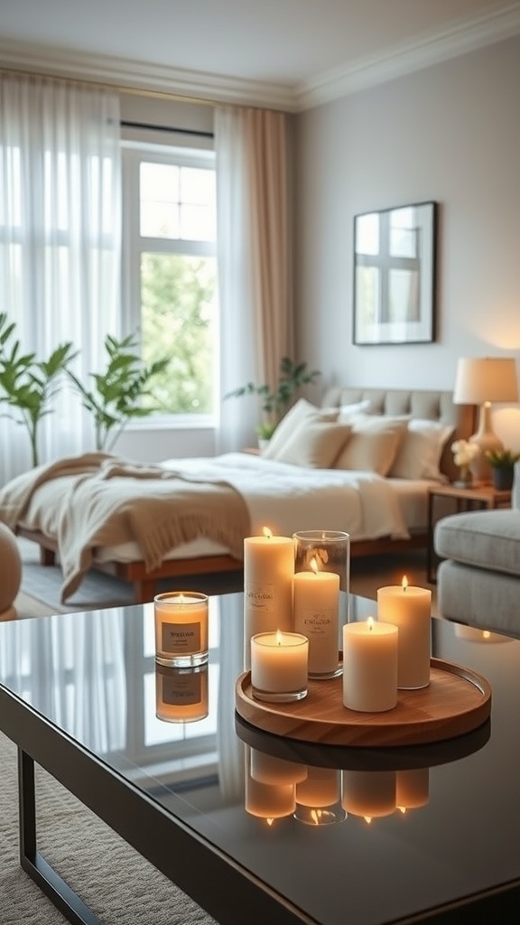 A cozy living room featuring a coffee table with various scented candles, creating a warm and inviting atmosphere.