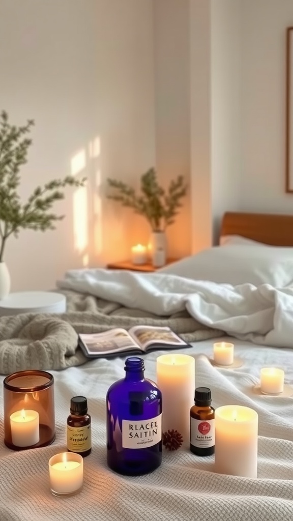 A serene bedroom setup featuring candles and essential oils on a bed.