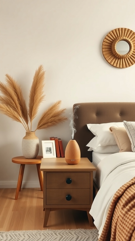 Cozy bedroom with a diffuser releasing essential oils, featuring a nightstand with books and a decorative vase.