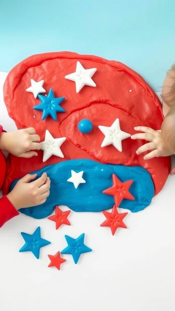 Children playing with red, white, and blue play dough, creating star shapes for the 4th of July.