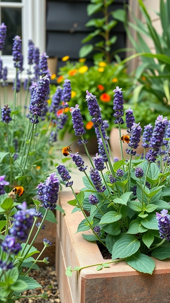 A vibrant patio herb garden featuring lavender and other colorful plants.