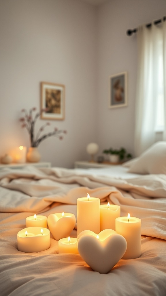 A cozy bedroom with various scented candles, including heart-shaped ones, arranged on a bed.