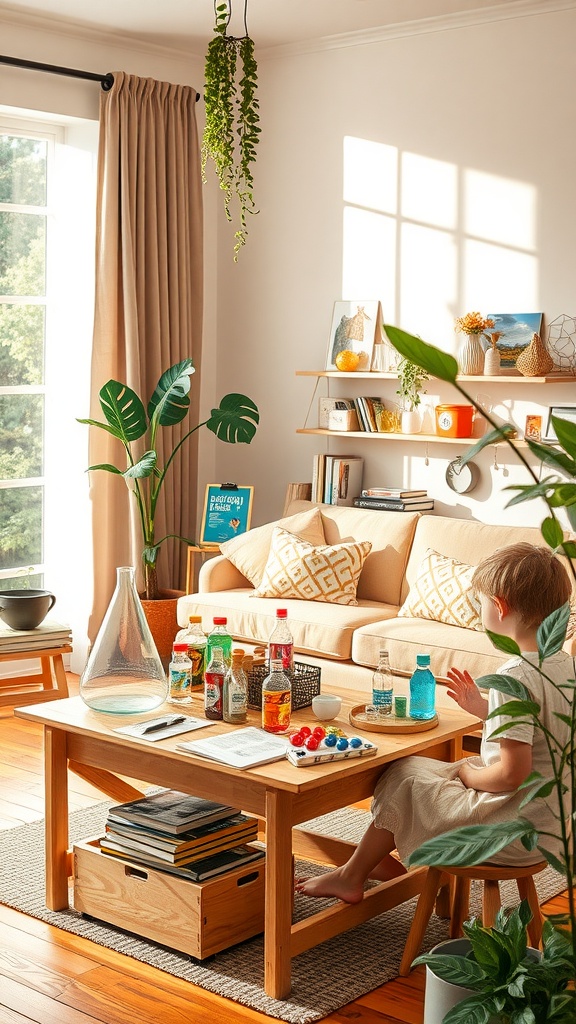 A cozy living room corner designed for kids' science experiments with colorful liquids and a child actively engaged in learning.