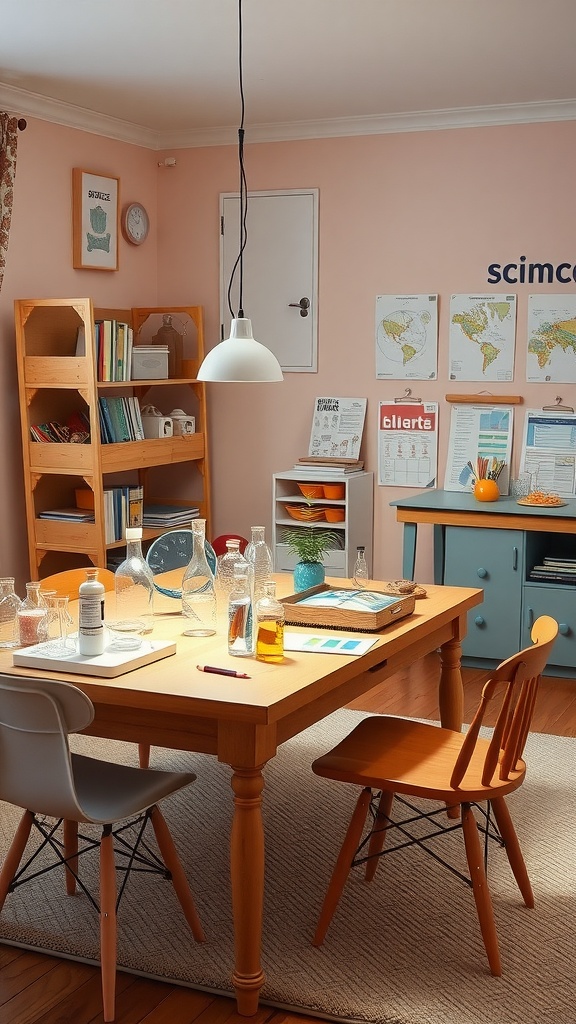 A science exploration table with various glass containers, educational posters, and a cozy setting.