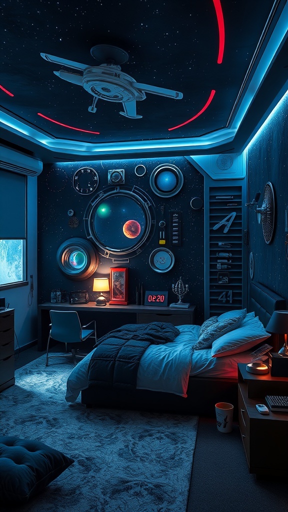 A stylish teen boy's bedroom with a space theme, featuring a dark ceiling with spaceship designs, blue lighting, and cosmic wall decor.