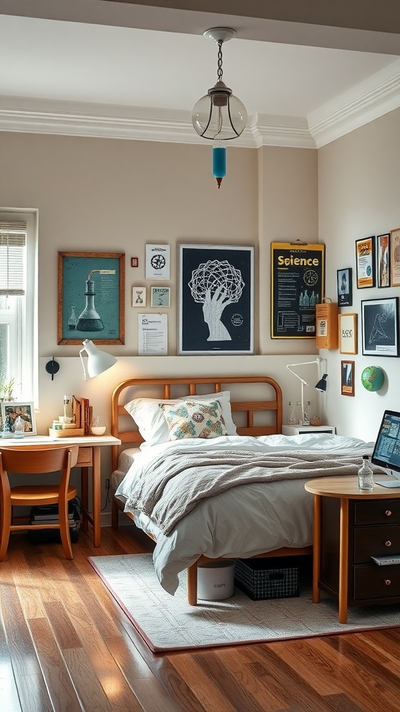 A cozy boys bedroom decorated in a science theme with posters, a bed, and a study area.