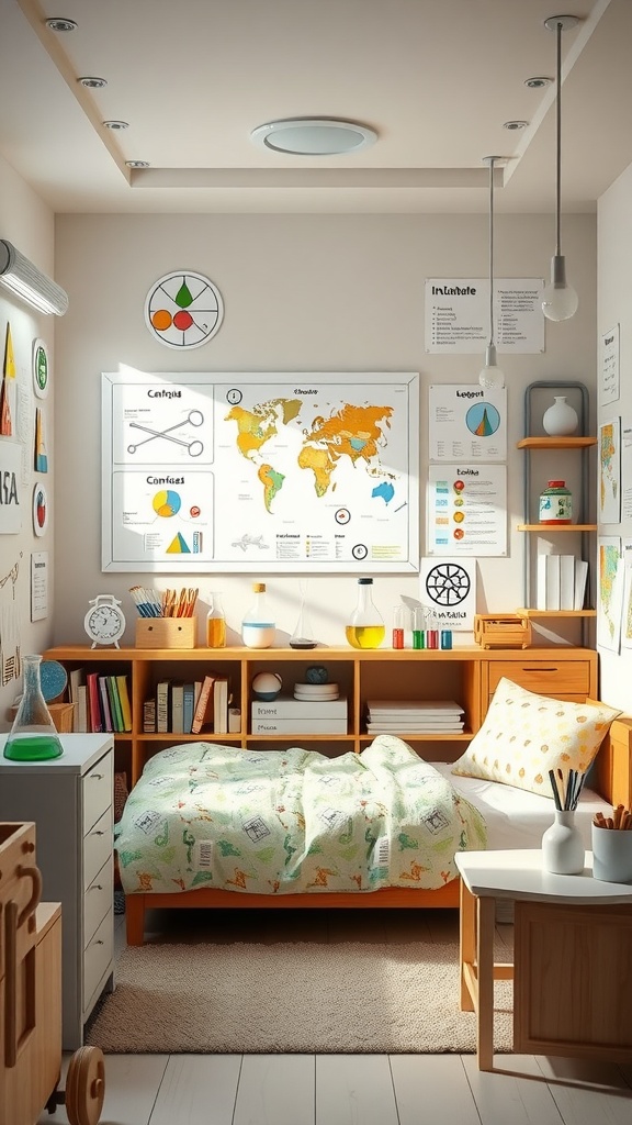 A cozy kids' bedroom designed as a science laboratory, featuring educational posters, a comfortable bed, and colorful science equipment.