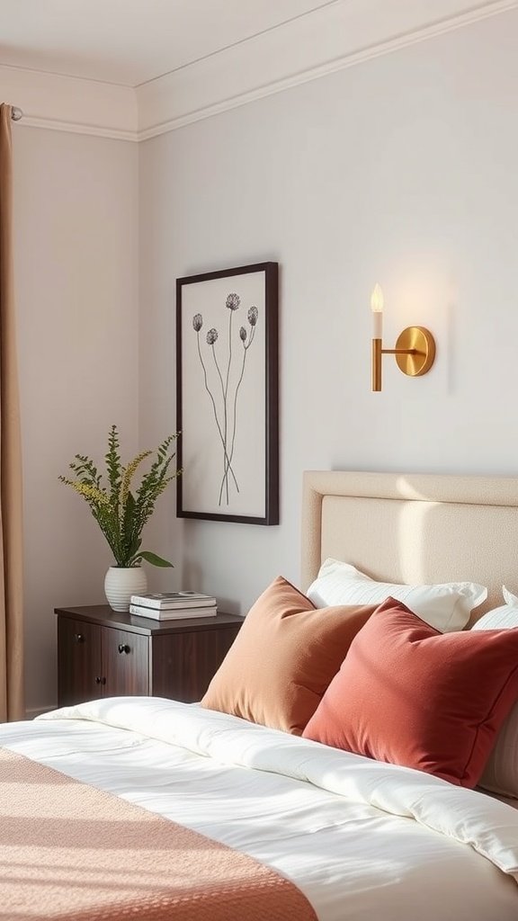 A stylish bedroom featuring a wall sconce with a modern design, accompanied by wall art and decorative pillows.