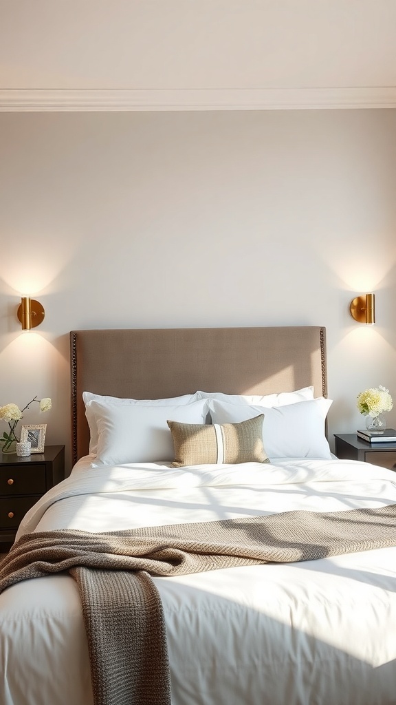 Cozy bedroom with wall sconces providing ambient lighting