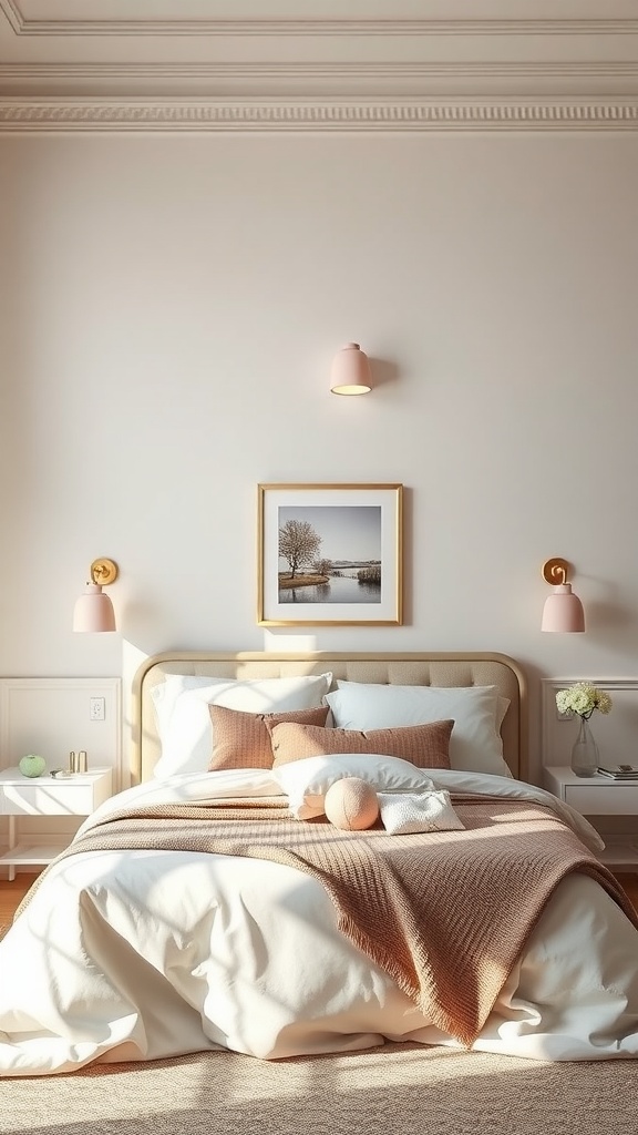 Bedroom featuring soft pastel sconces, cozy bedding, and a serene atmosphere