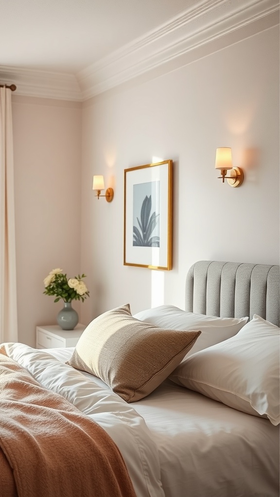 A stylish bedroom with sconces featuring adjustable arms, soft bedding, and a decorative wall frame.