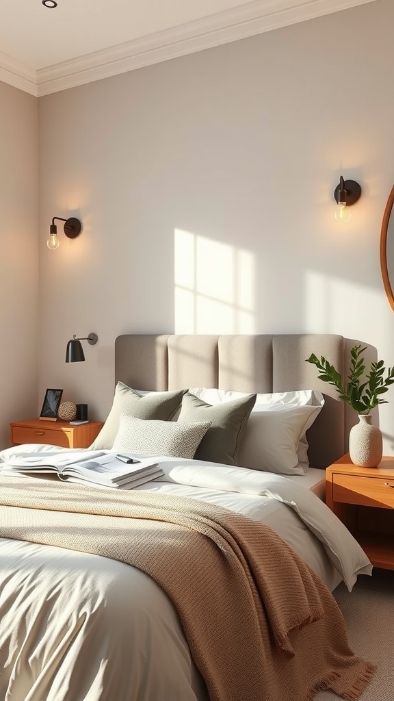 A cozy bedroom featuring sconces with adjustable color temperature on either side of the bed, enhancing the decor and lighting.