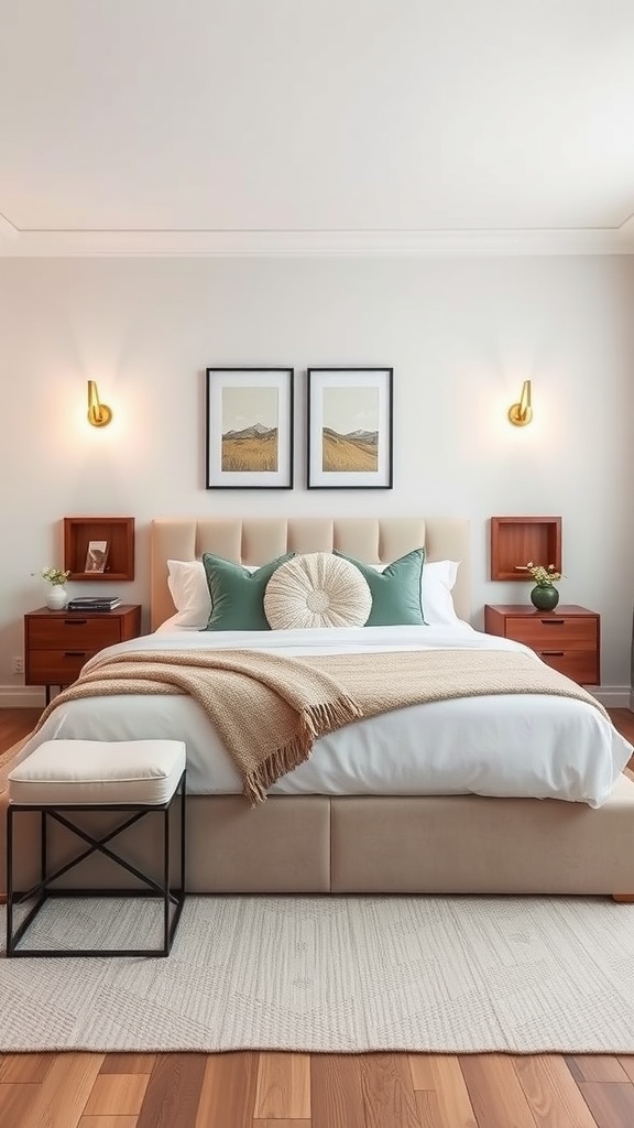 A cozy bedroom featuring sconces with built-in shelving on either side of the bed.