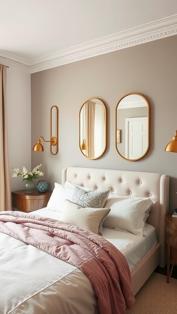 A cozy bedroom featuring two wall sconces and three decorative mirrors above the bed.