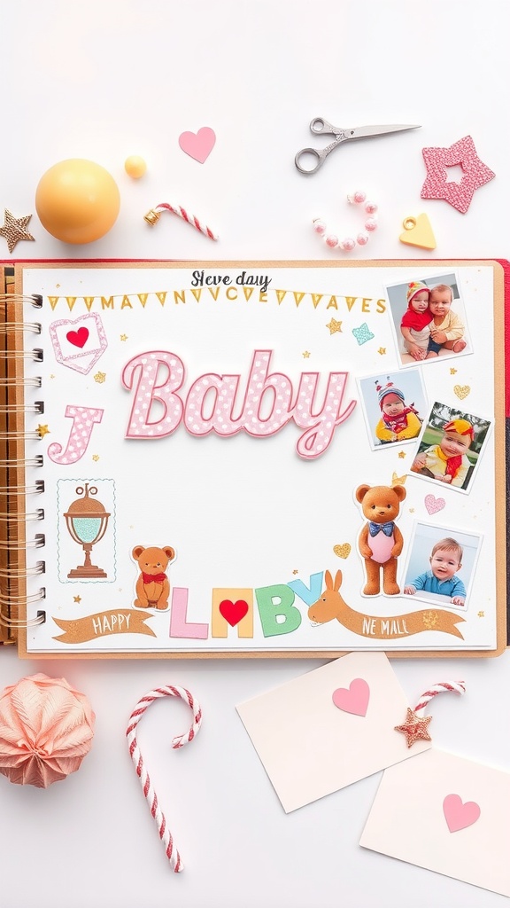 A colorful scrapbook page featuring baby announcement elements such as photos, teddy bears, and decorative stickers.