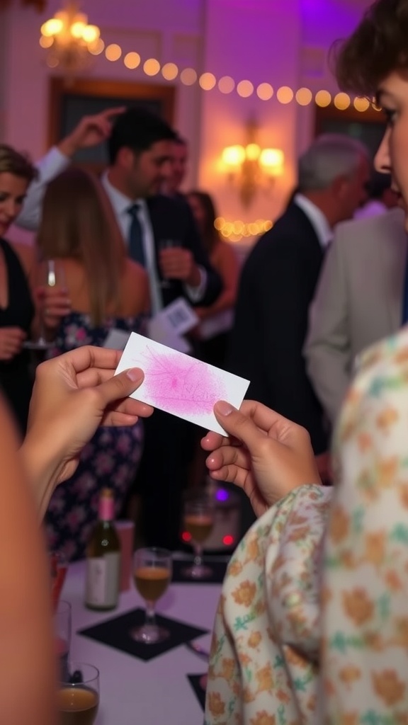 A person holding a scratch-off card at a gender reveal party, with a party atmosphere in the background.
