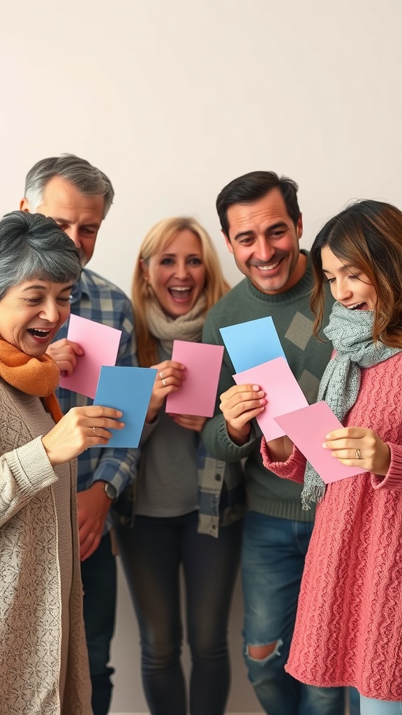 A group of five people joyfully holding scratch-off cards in pink and blue colors, celebrating a gender reveal.