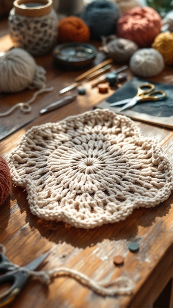 A crochet scrunchie in progress, surrounded by colorful yarn and crochet tools on a wooden table.
