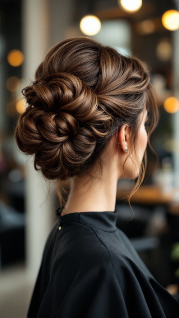 A stylish sculpted updo hairstyle with intricate twists and a voluminous bun, suitable for bridesmaids.