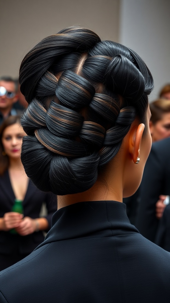 A sculpted updo hairstyle featuring geometric shapes, showcasing intricate braids and a sleek finish.