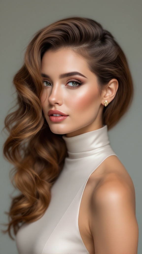 A woman with sculpted waves hairstyle, wearing a high neck dress, looking elegant and sophisticated.