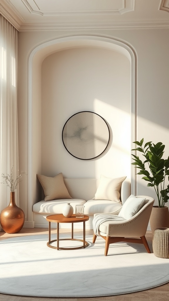 Cozy alcove in a living room featuring a sculptural couch, a round coffee table, and a plant.