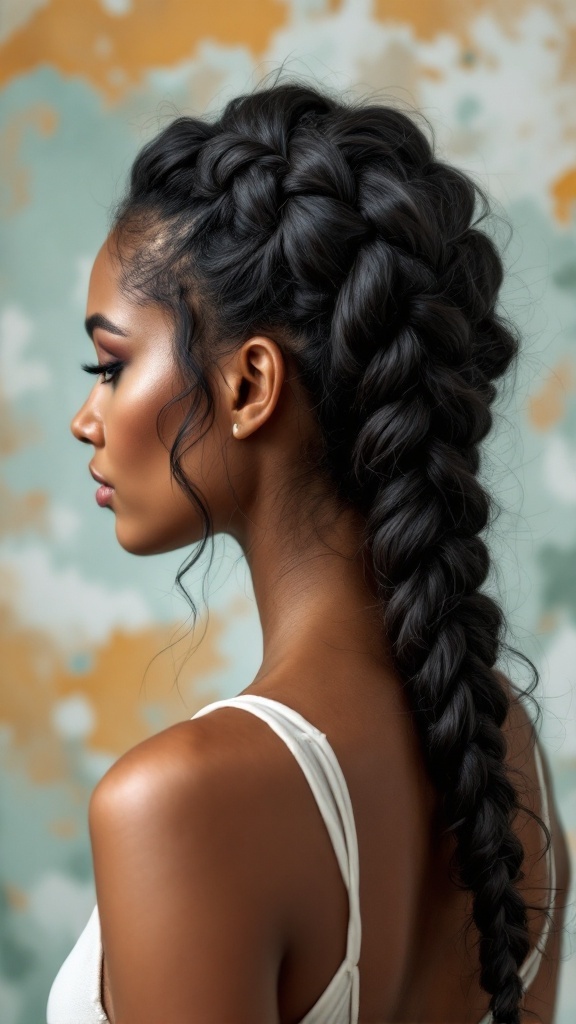 A close-up of a sculptural braid hairstyle on a model against a textured background.