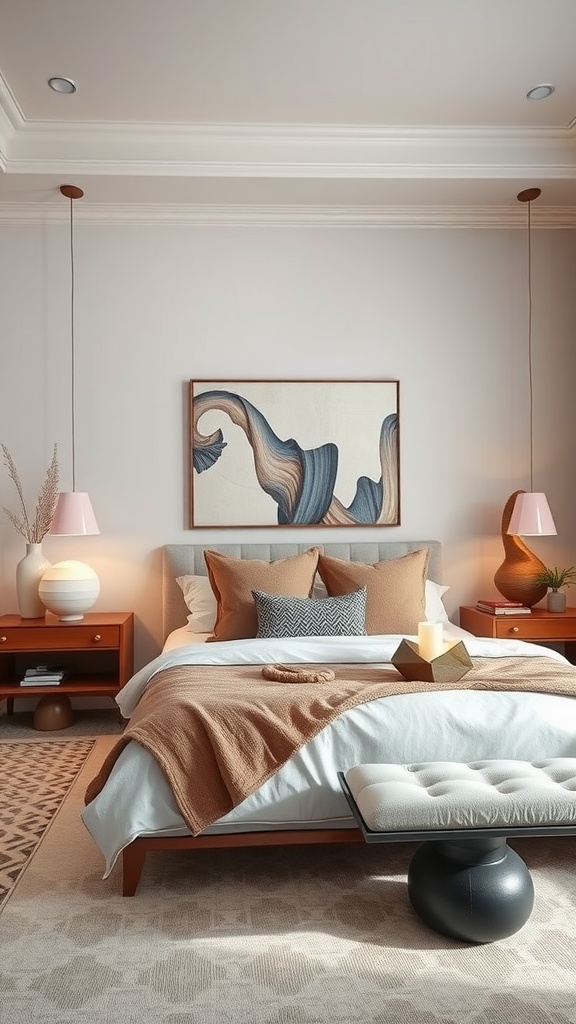 Stylish bedroom featuring sculptural decor elements and soft colors