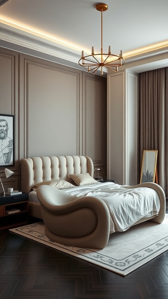 A luxurious bedroom featuring a sculptural bed and stylish decor