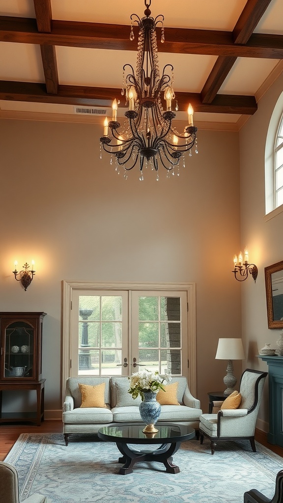 A traditional living room featuring a sculptural chandelier and elegant decor.