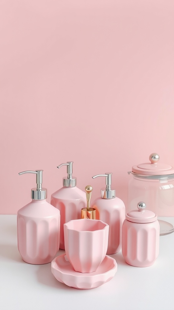 A collection of sculptural pink bath accessories, including soap dispensers and jars, against a soft pink background.