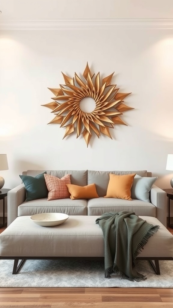 A sculptural wall art piece resembling a sunburst, hanging above a light-colored sofa with colorful cushions.