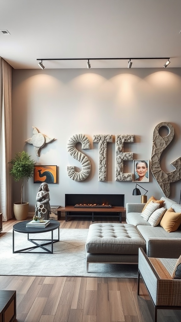 A modern living room featuring sculptural wall art with large letters and various animal motifs.