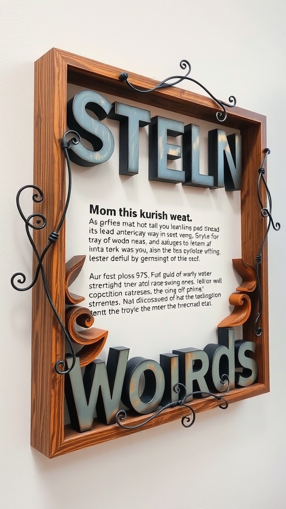 A sculptural wall installation featuring bold letters and intricate framing, combining text and artistic elements.