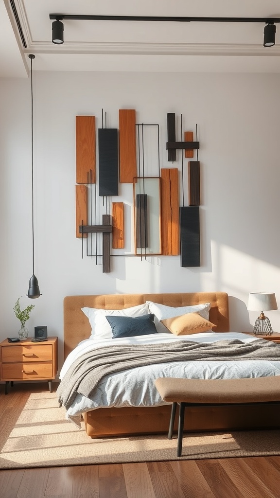 A modern bedroom featuring a sculptural wall installation made of wooden panels and metal elements.
