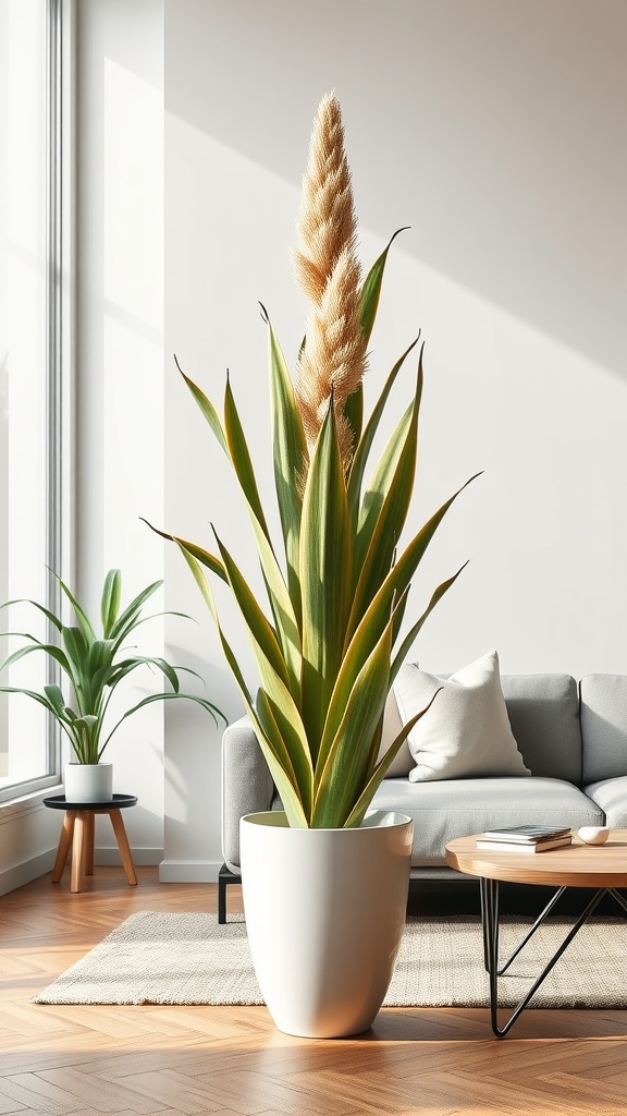 A sculptural yucca plant in a bright, modern living room.