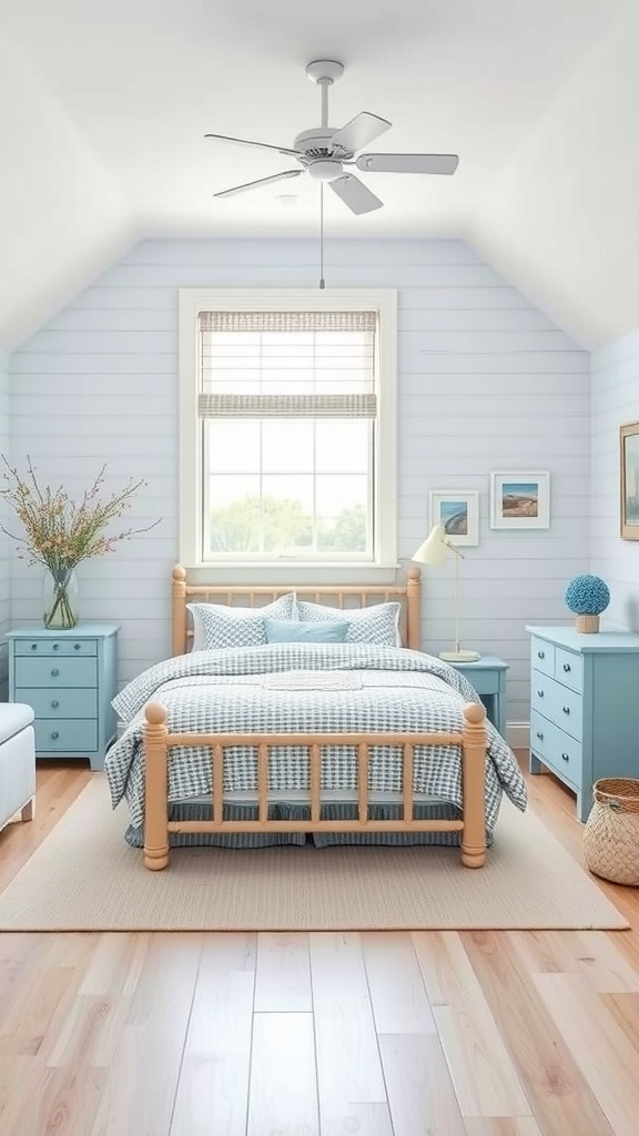 A cozy sea-inspired teen bedroom featuring light blue walls, wooden furniture, and a checked bedspread.