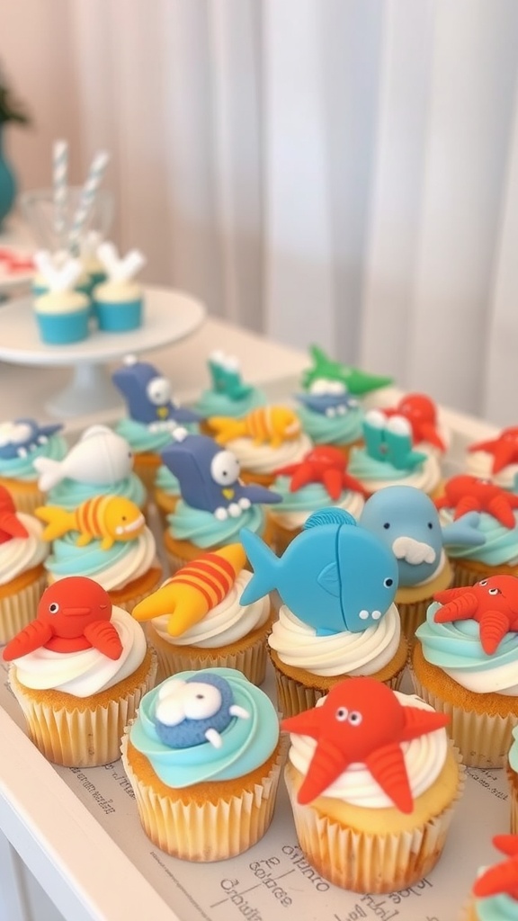 Cupcakes decorated with colorful fondant sea creatures for an ocean-themed baby shower.