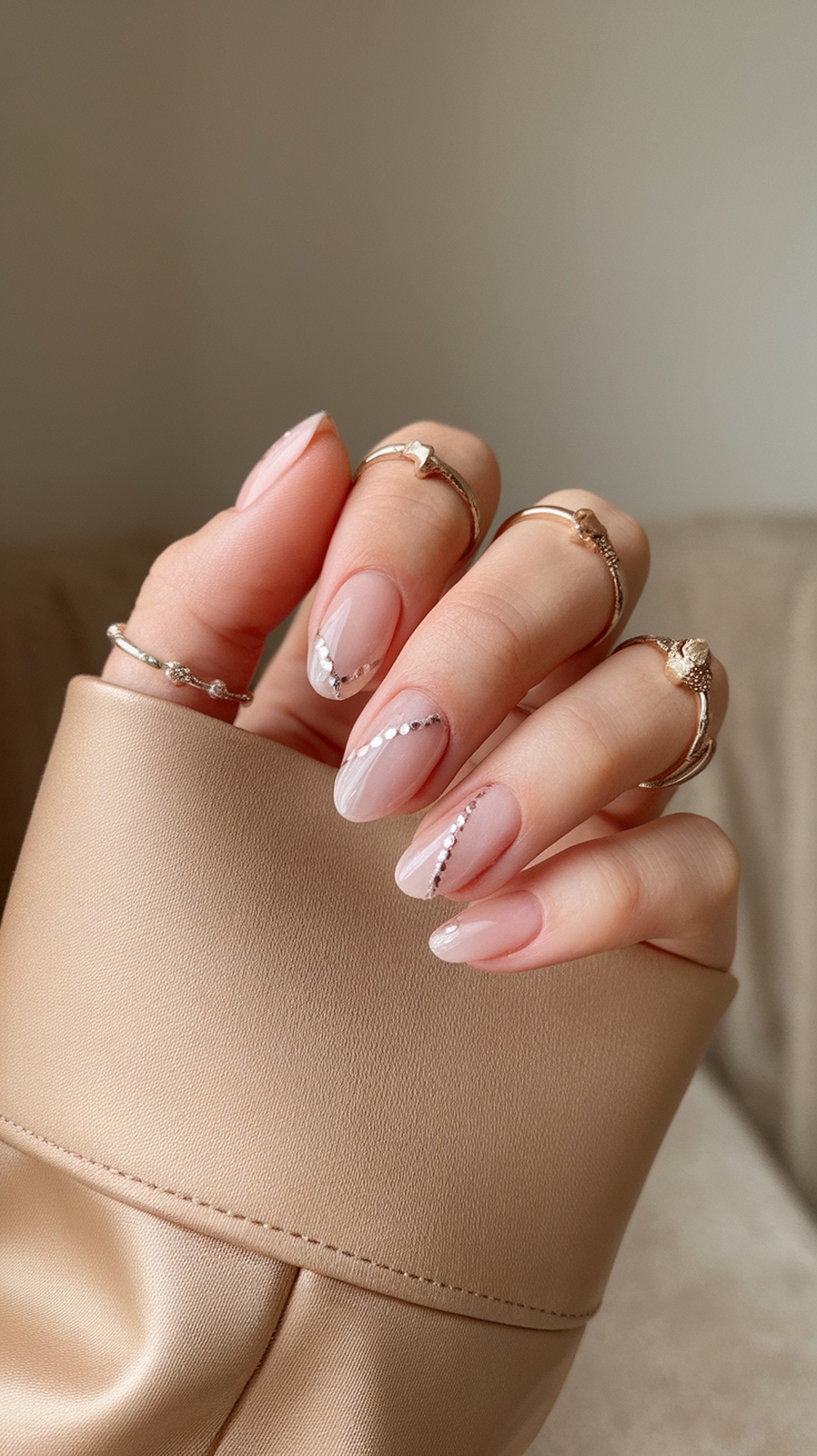 A close-up of elegantly manicured nails in seafoam green with delicate designs and tiny gems.