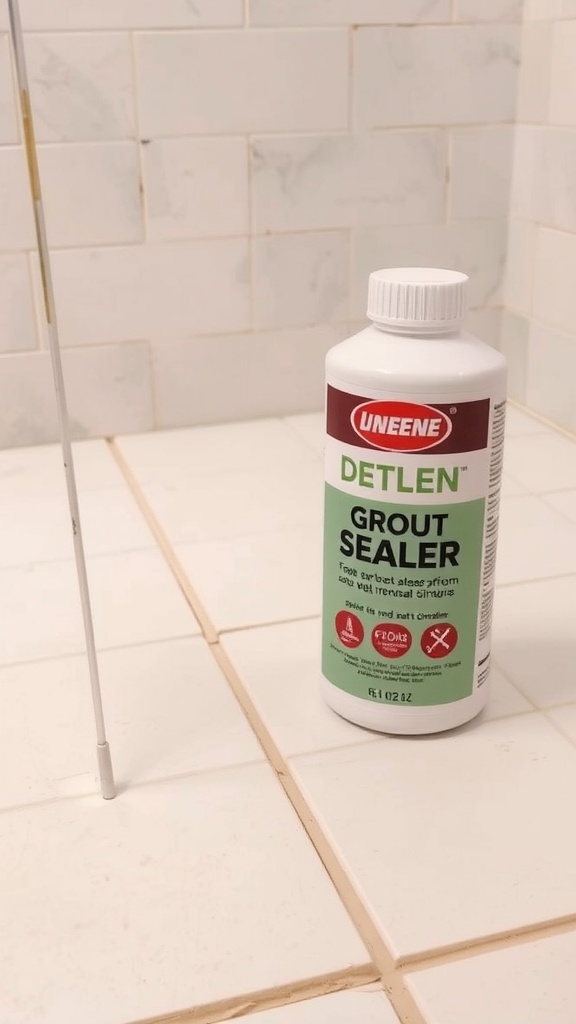 A bottle of grout sealer placed next to freshly laid peel and stick floor tiles in a bathroom.