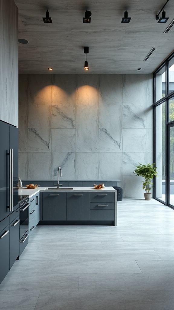 A modern kitchen featuring seamless concrete surfaces, dark cabinetry, and large windows with natural light.