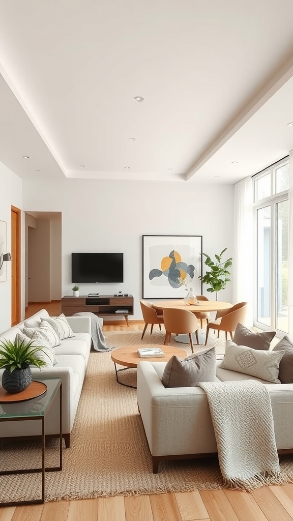 Open concept living room with a seamless flow into the dining area, featuring a light color palette and natural wood flooring.