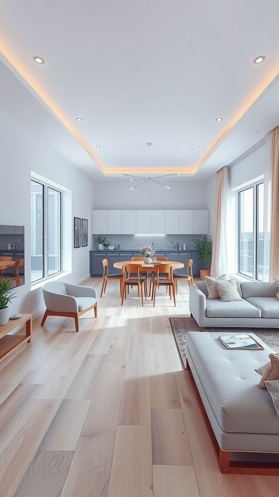 An open space living room and kitchen with light wood flooring, modern furniture, and bright windows.