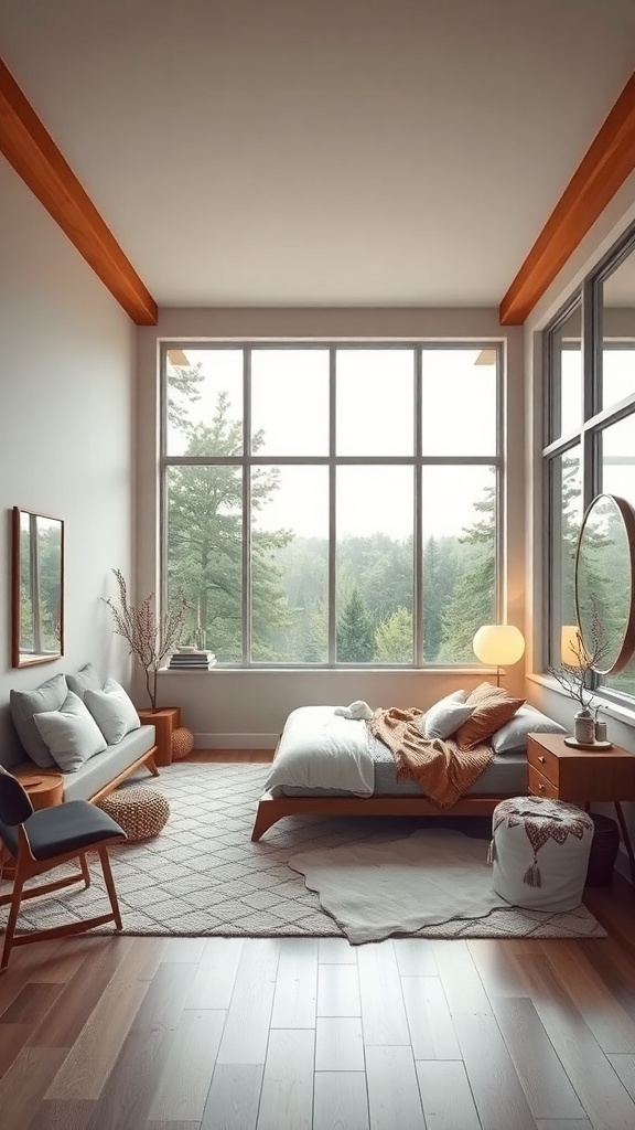 A mid-century modern bedroom featuring large windows, natural light, and a cozy atmosphere.