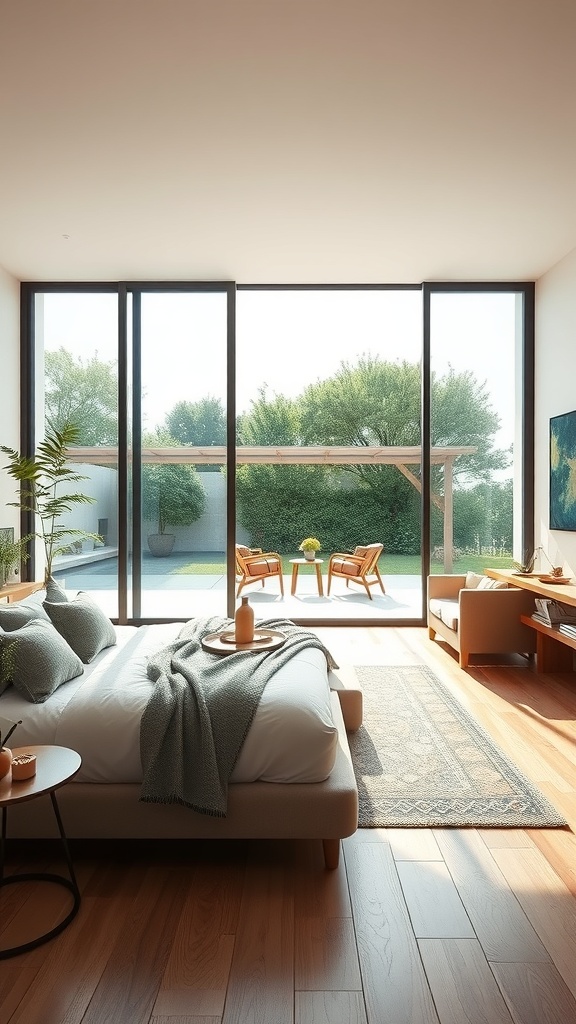A minimalist living room with large glass doors opening to a green outdoor area.
