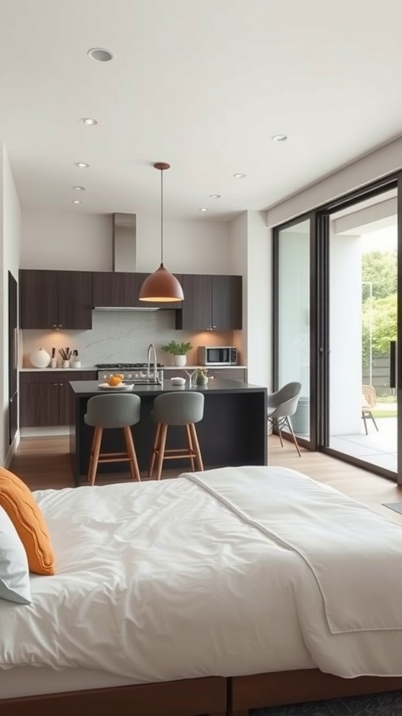 Modern kitchen with seamless indoor-outdoor flow featuring large glass doors and sleek cabinetry.