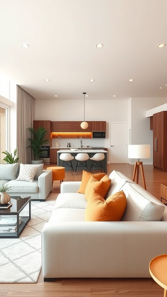 Open space living room and kitchen with light tones and orange accents, featuring modern furniture and plants.